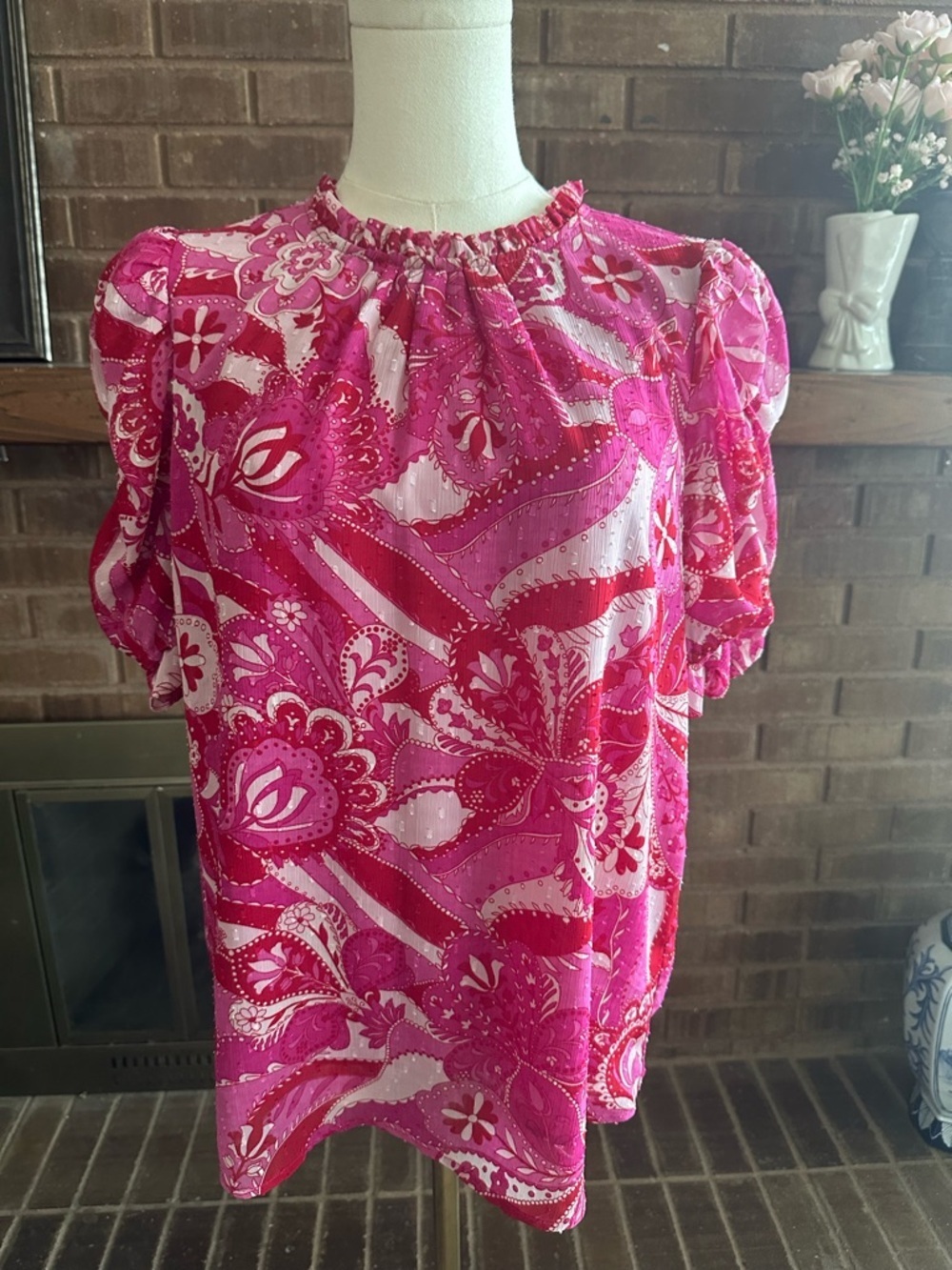 Rachel Zoe Boho Pink Paisley Puff Sleeve Blouse - Romantic Feminine - Size M